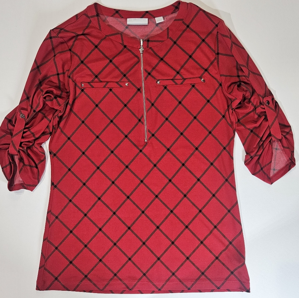 New York & Company 1/4 Zip Blouse Womens Small Red Black Geometric‎ Faux Pocket